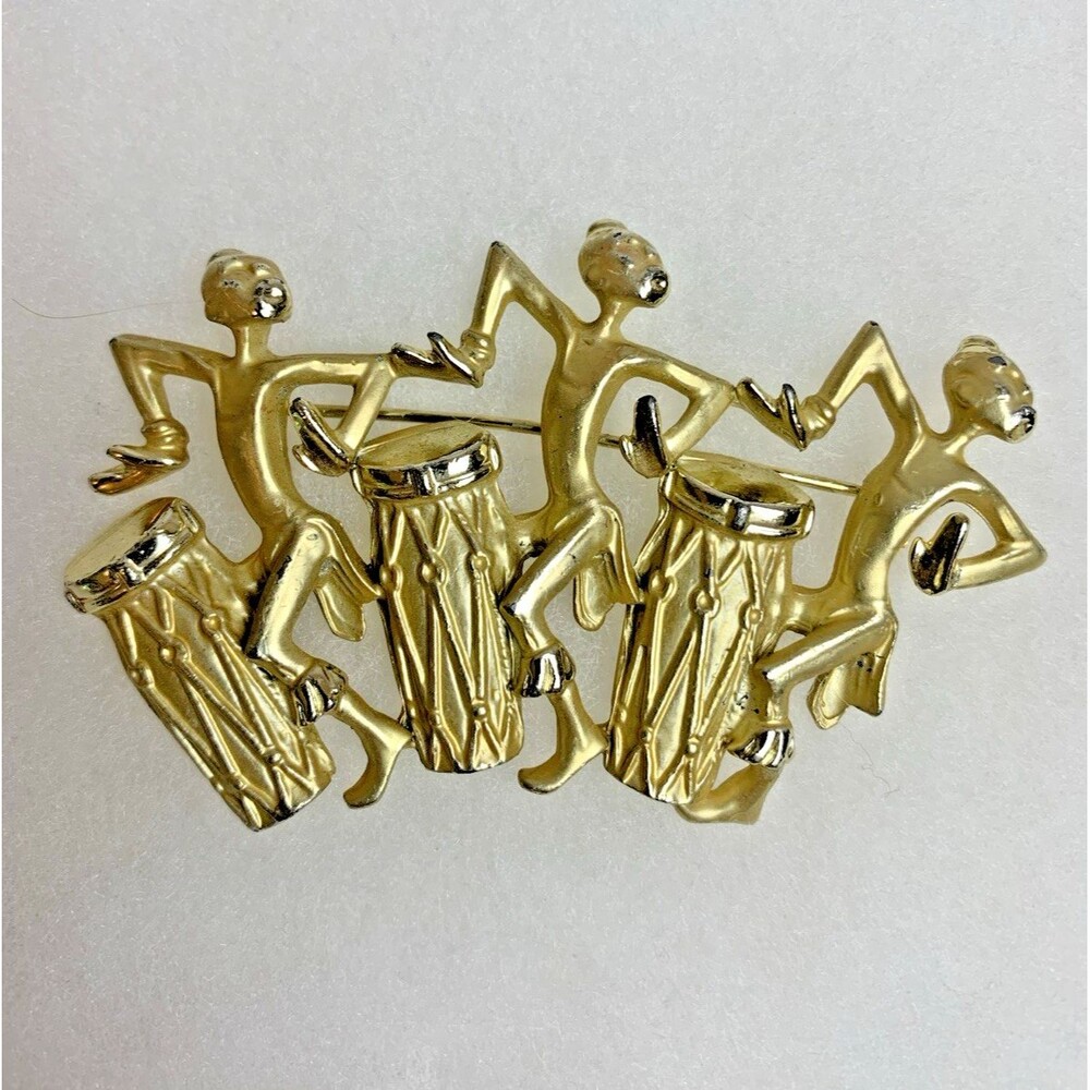 Vintage African Drummer Brooch Gold Tone Figural Dancing Musicians Statement Pin